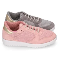 Zapatilla niña tipo tenis con cordones en lona punto con piel serraje.
