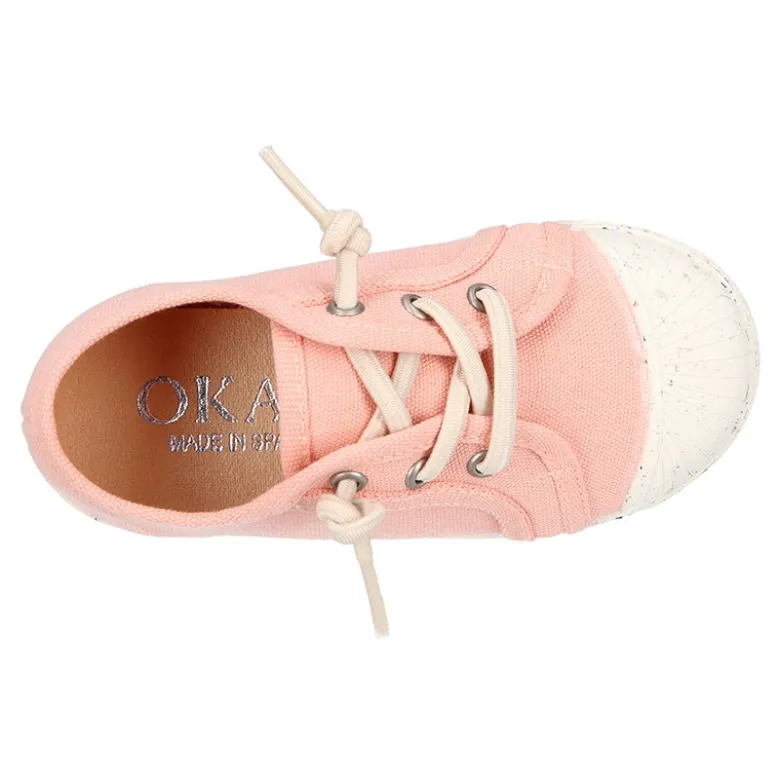 Zapatilla niño con puntera y cordones elásticos en lona algodón RECICLADO en colores suaves.