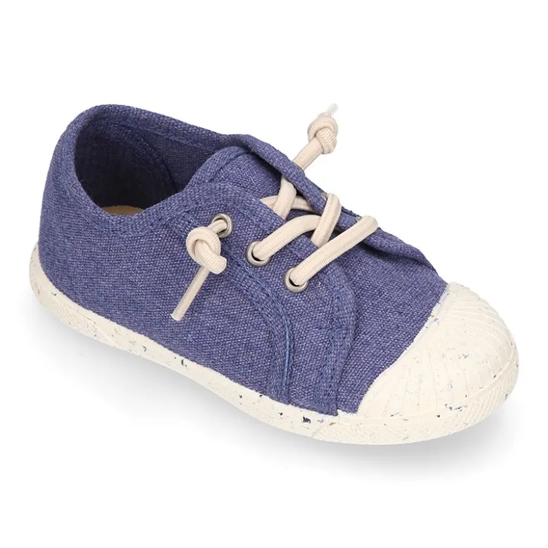 Zapatilla niño con puntera y cordones elásticos en lona algodón RECICLADO en colores suaves.