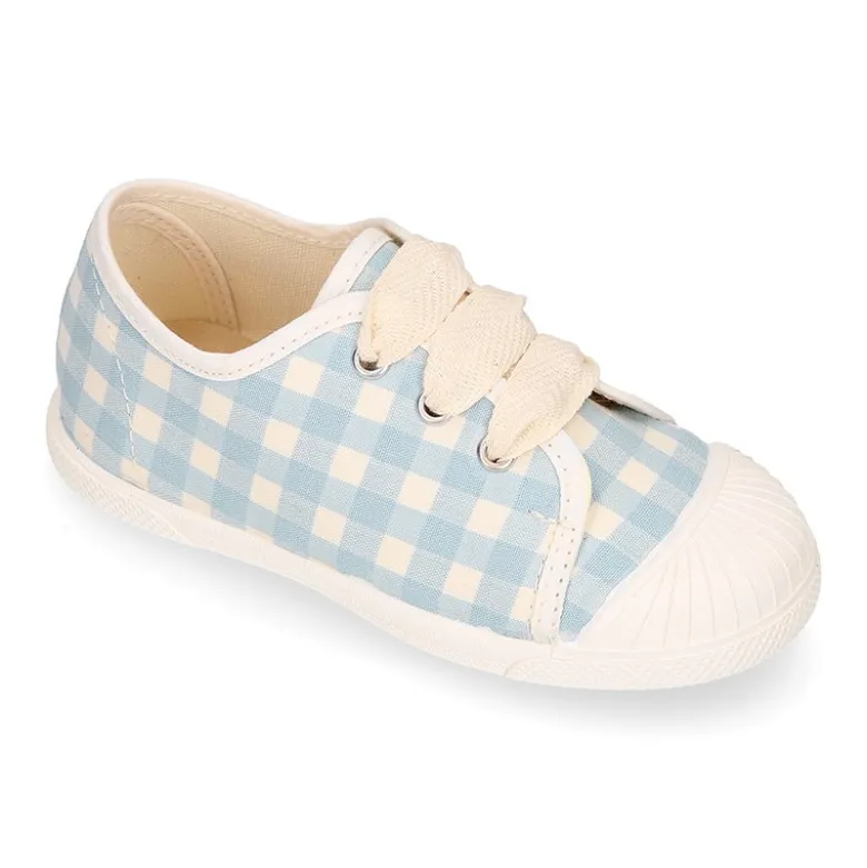 Zapatilla niños con cordones lazo y puntera en VICHY.