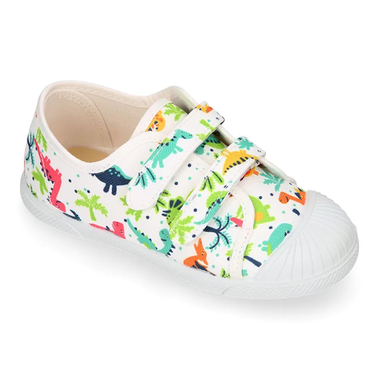Zapatilla niño sin cordones en lona algodón estampado DINOS y puntera.