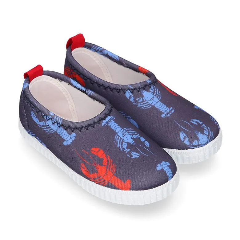 Zapatilla niños NEOPRENO con diseño con LANGOSTAS para playa y piscina.