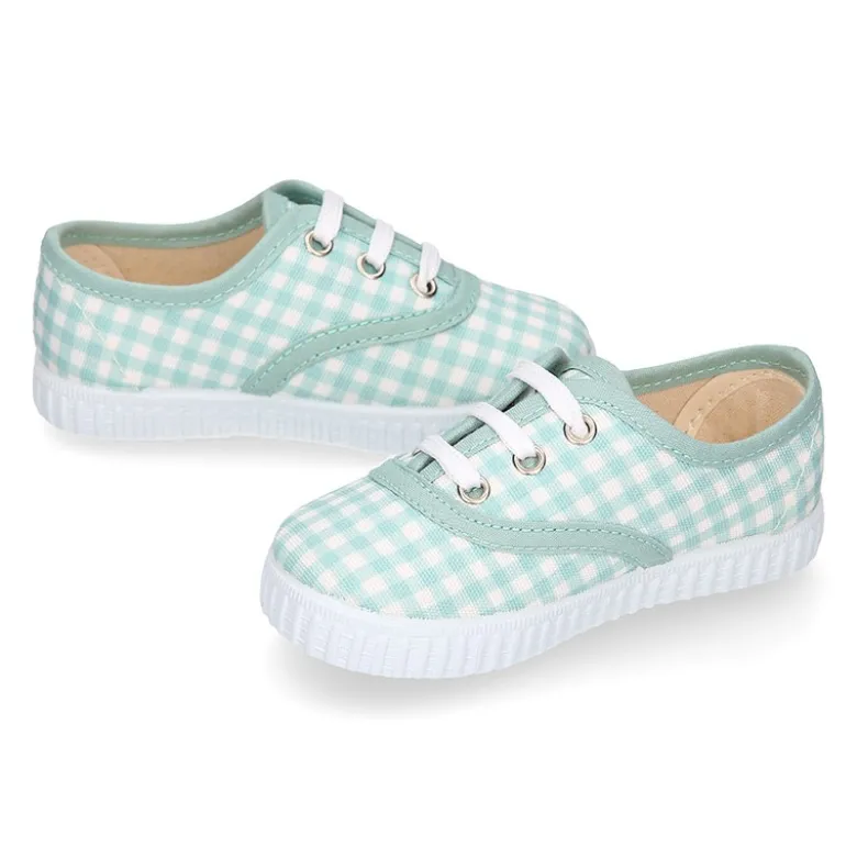 Zapatilla niños tipo Bamba con cordones en lona VICHY MENTA.
