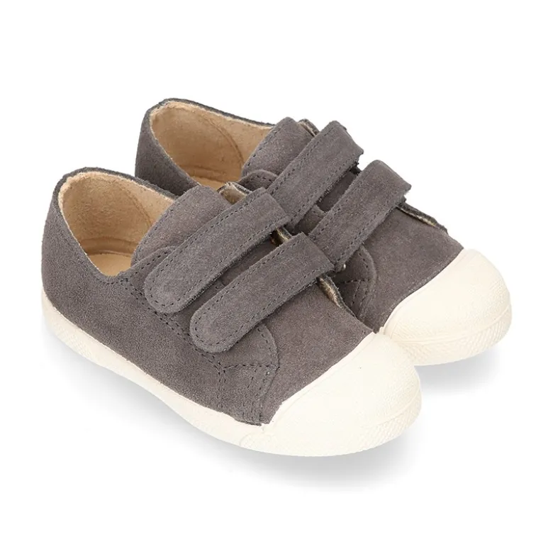 Zapatilla niños tipo bamba sin cordones y puntera en piel serraje GRIS.
