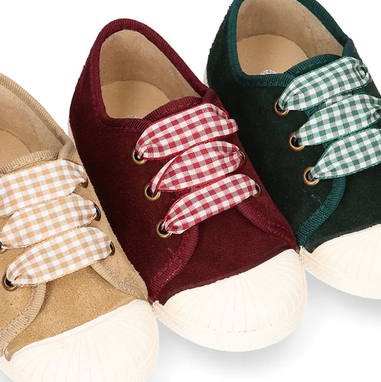 Zapatilla o Bamba niños con cordones lazo VICHY y puntera en piel serraje.
