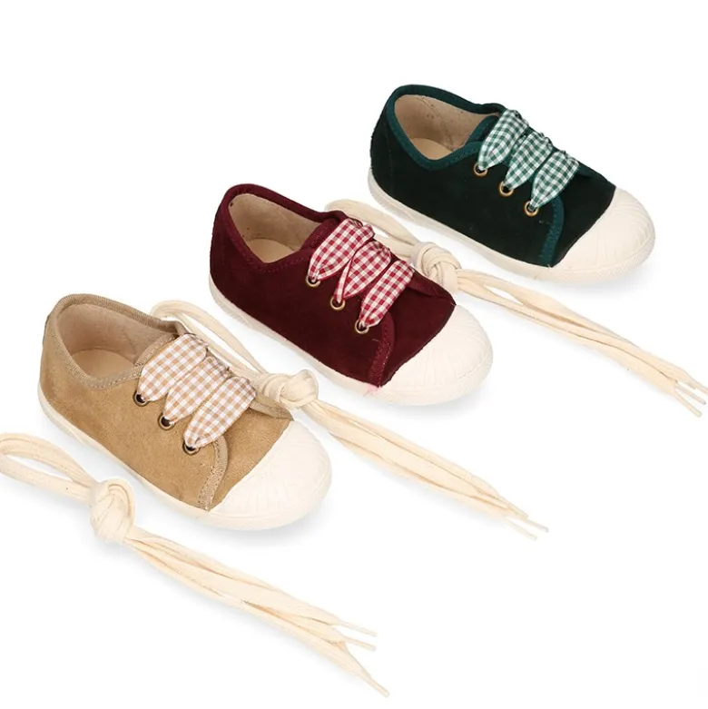 Zapatilla o Bamba niños con cordones lazo VICHY y puntera en piel serraje.