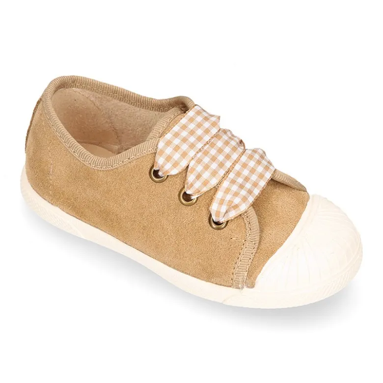 Zapatilla o Bamba niños con cordones lazo VICHY y puntera en piel serraje.
