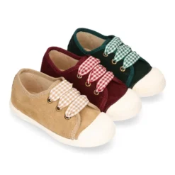 Zapatilla o Bamba niños con cordones lazo VICHY y puntera en piel serraje.