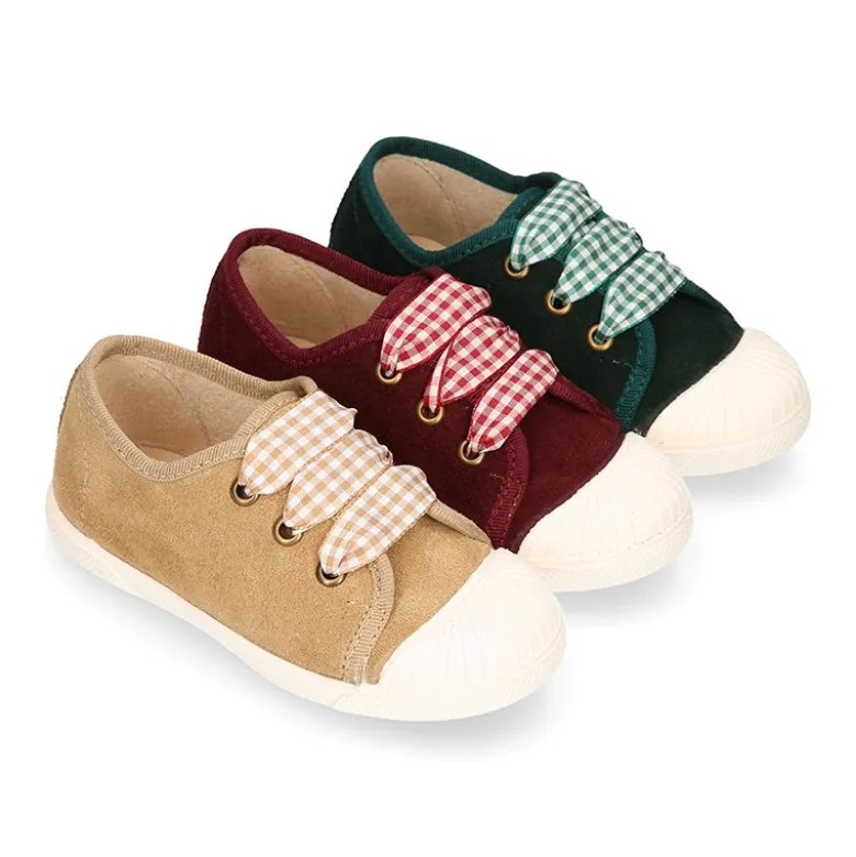 Zapatilla o Bamba niños con cordones lazo VICHY y puntera en piel serraje.