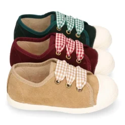 Zapatilla o Bamba niños con cordones lazo VICHY y puntera en piel serraje.