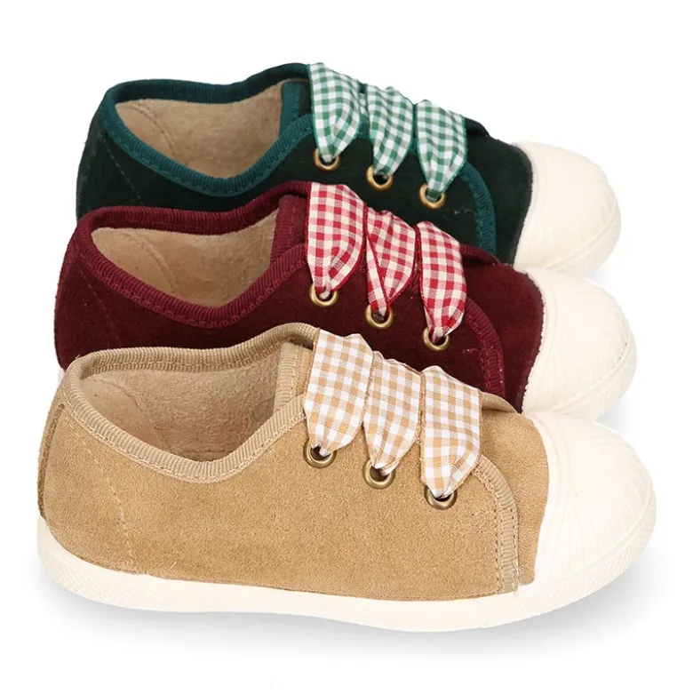 Zapatilla o Bamba niños con cordones lazo VICHY y puntera en piel serraje.