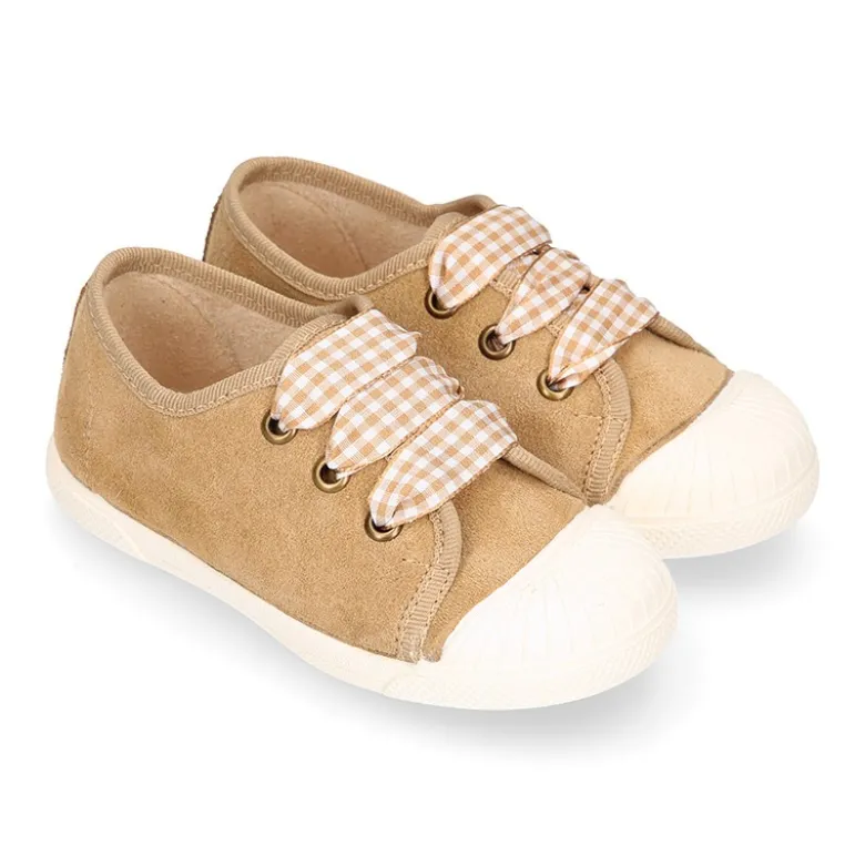 Zapatilla o Bamba niños con cordones lazo VICHY y puntera en piel serraje.
