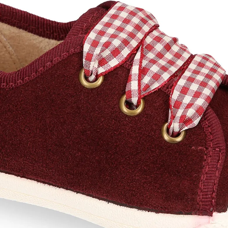 Zapatilla o Bamba niños con cordones lazo VICHY y puntera en piel serraje.