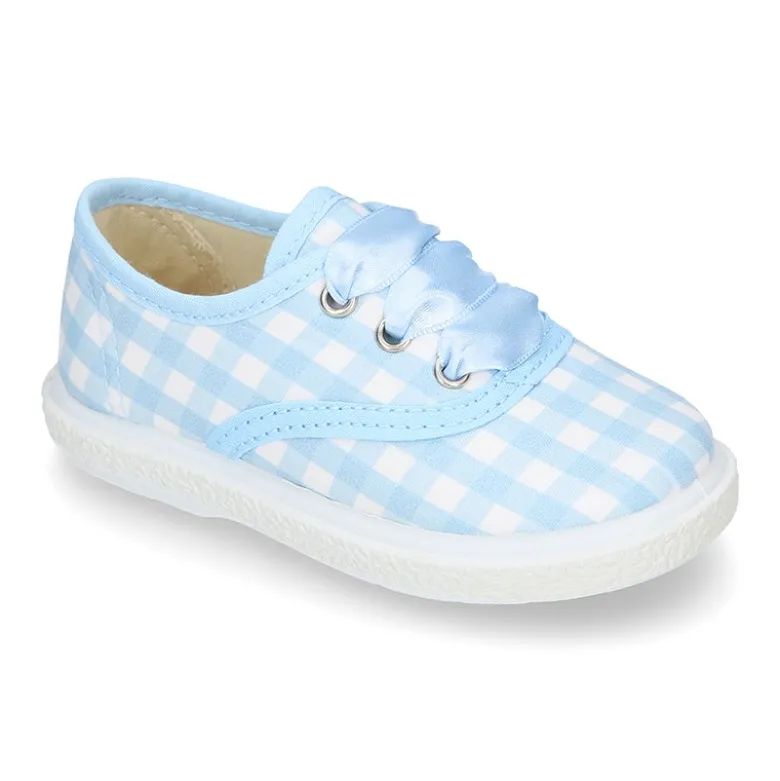 Zapatilla o Bamba niños en lona con CUADROS y lazo.
