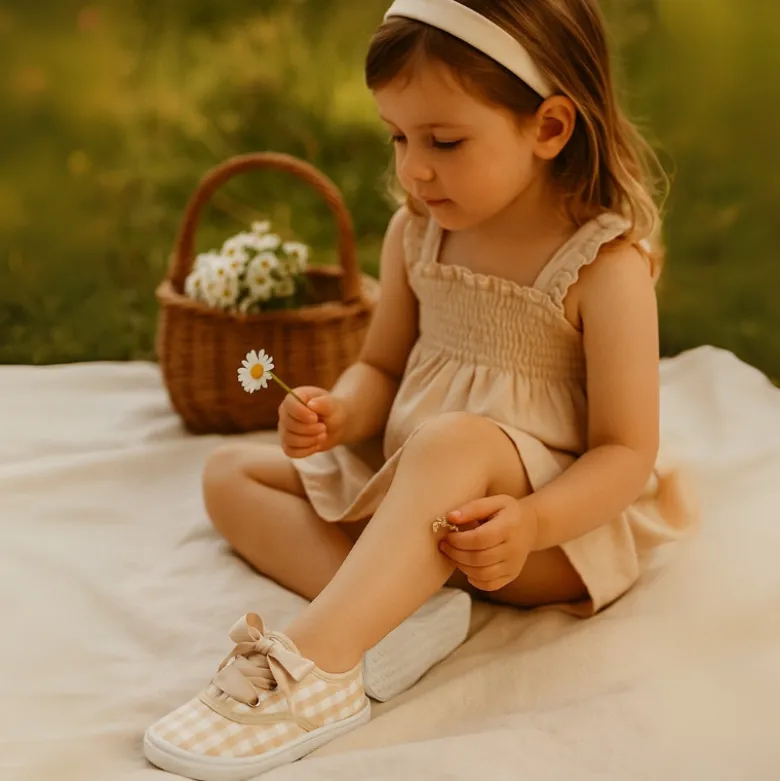 Zapatilla o Bamba niños en lona con CUADROS y lazo.