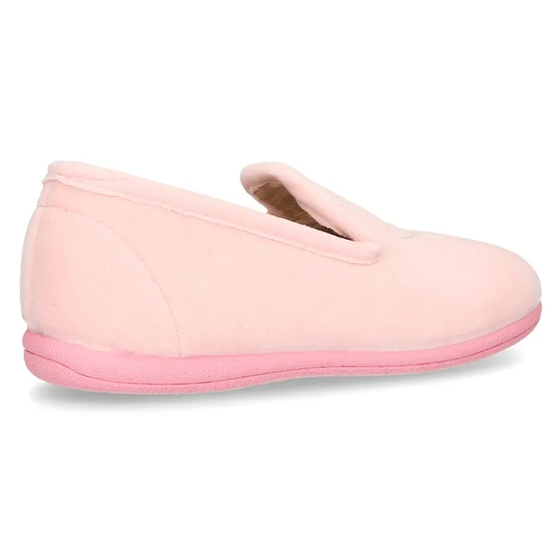 Zapatillas de casa niña en lana rosa con bordado corona plata.