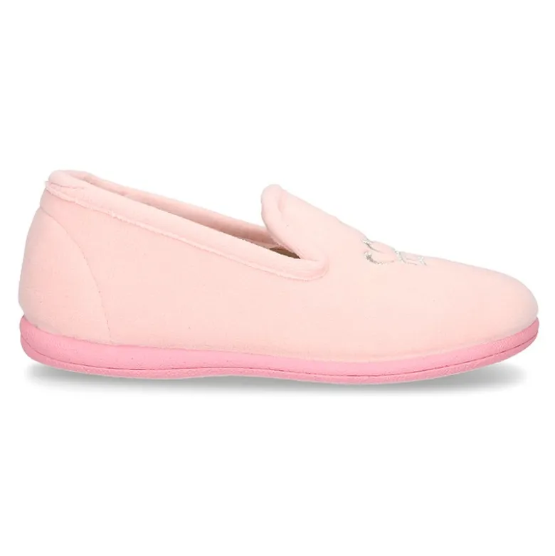 Zapatillas de casa niña en lana rosa con bordado corona plata.