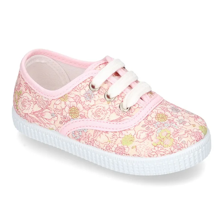 Zapatilla tipo Bamba con cordones en lona algodón con FLORES pasteles.