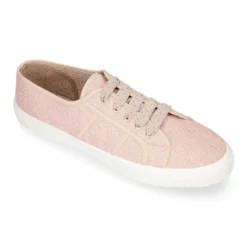 Zapatilla tipo bamba con cordones en lona lino metalizado.