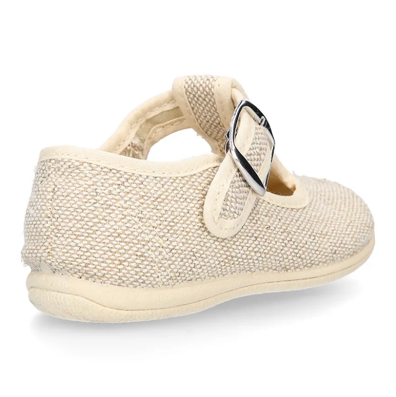 Zapatito niño tipo Pepito vestir con hebilla en lino natural.