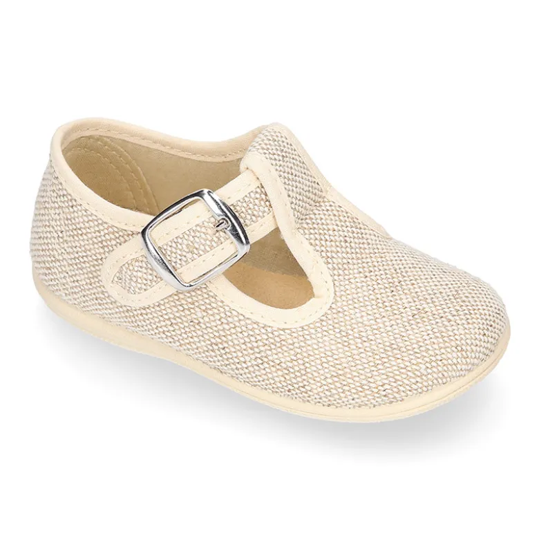 Zapatito niño tipo Pepito vestir con hebilla en lino natural.