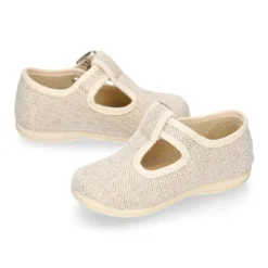 Zapatito niño tipo Pepito vestir con hebilla en lino natural.