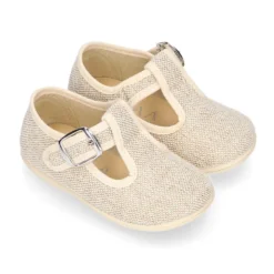 Zapatito niño tipo Pepito vestir con hebilla en lino natural.