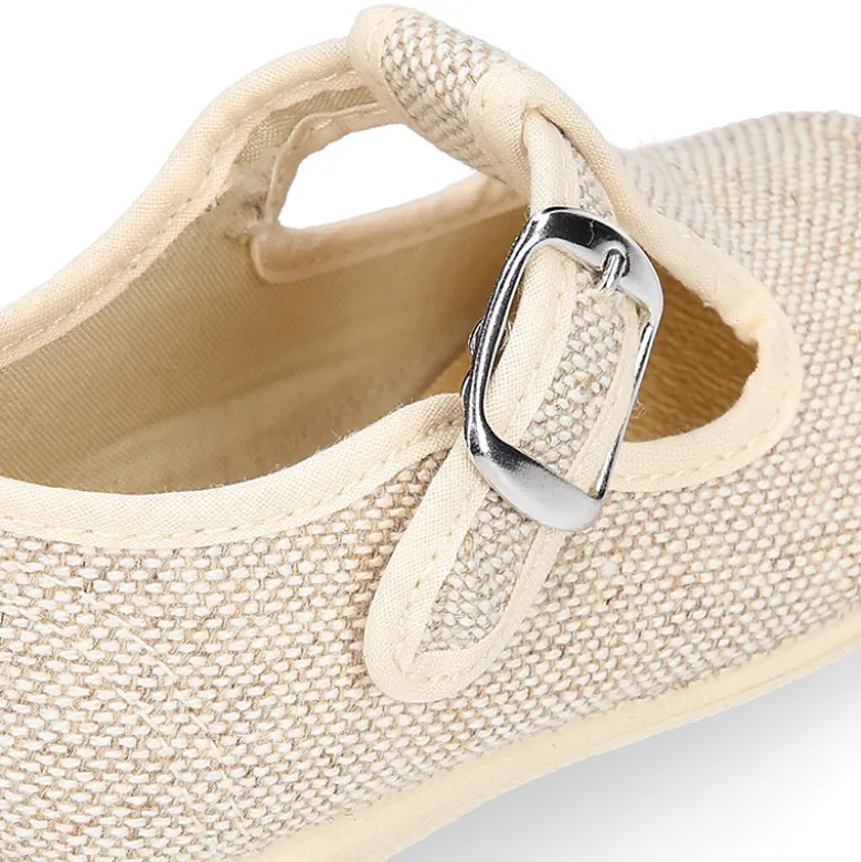 Zapatito niño tipo Pepito vestir con hebilla en lino natural.