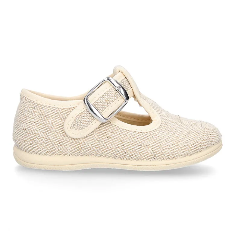 Zapatito niño tipo Pepito vestir con hebilla en lino natural.
